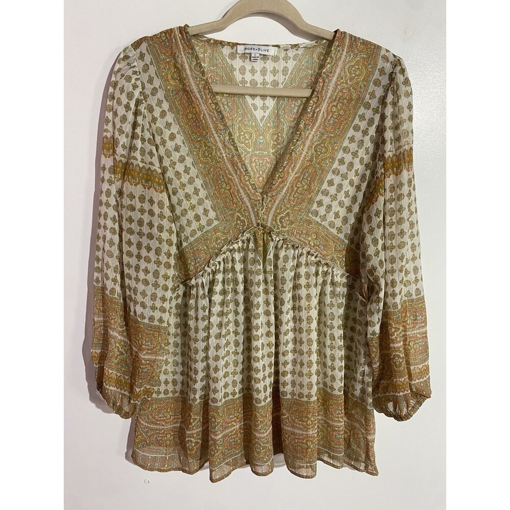 Rose & Olive Top L Sheer Babydoll Boho Modest Cottagecore Peasant Feminine Fall